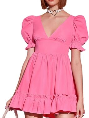 Bubblegum Pink V-Neck Puff-Sleeve Mini Dress with Ruffle Hem. Size Small